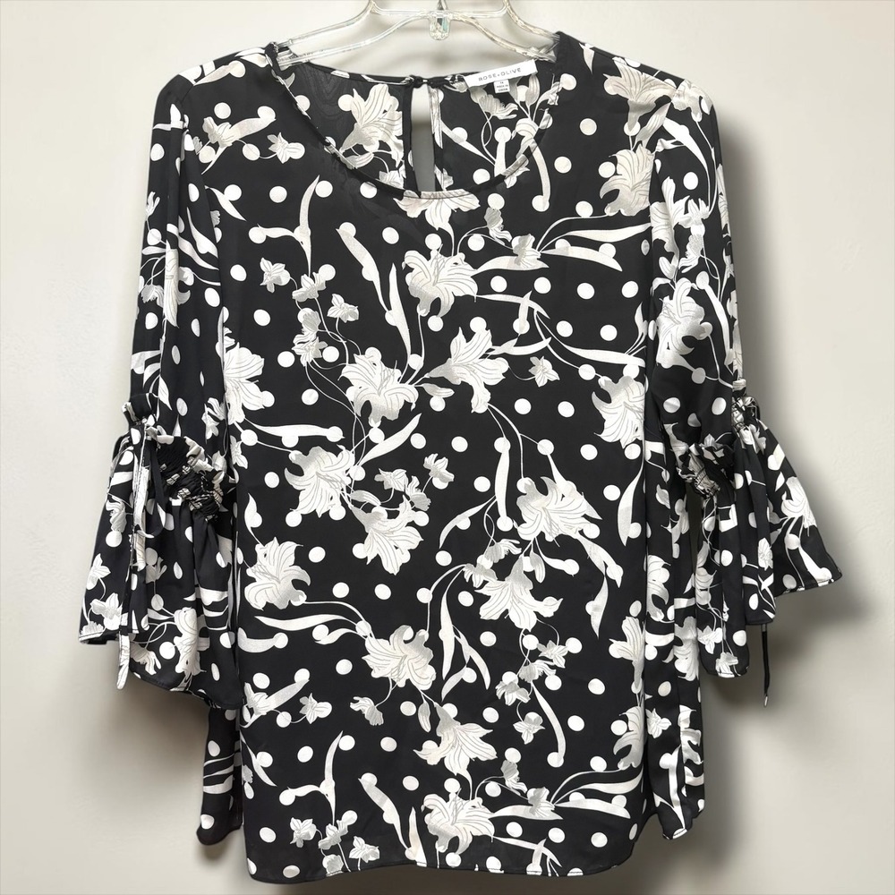 Rose + Olive‎ Womens 1X Black White Polka Dot Floral Bell Sleeve Blouse Top